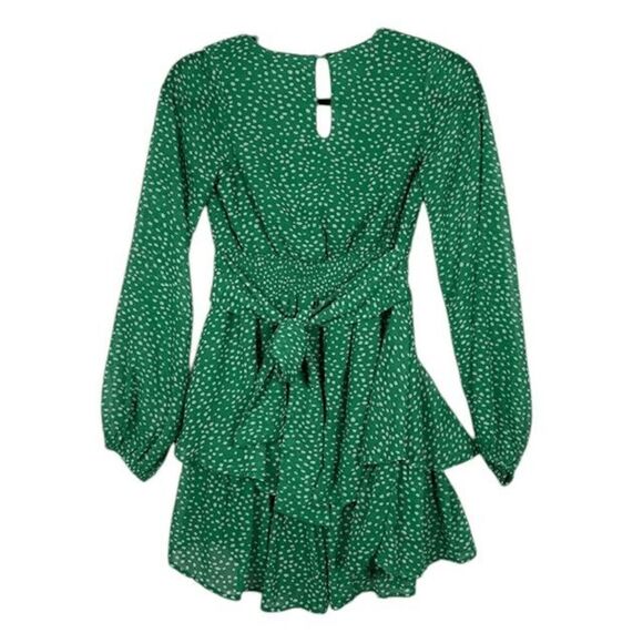 Japna Tiered Mini Dress Puff Sheer Sleeves Elastic and Tie Waist Green Size XS - Picture 4 of 14